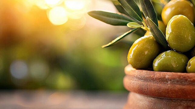 Close-up shot of green olives in a terracotta pot with olive branches, set outdoors with sunny lighting and a blurred background. - Powered by Adobe