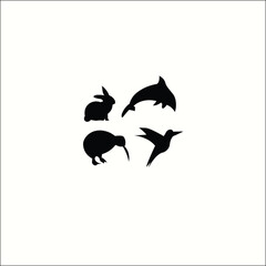 Naklejka premium Animal silhouette set with rabbit dolphin kiwi bird and hummingbird on white background