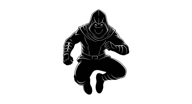 Mysterious hooded figure leaping into action in striking monochrome, perfect for gaming concepts, fantasy illustrations, and action-packed designs