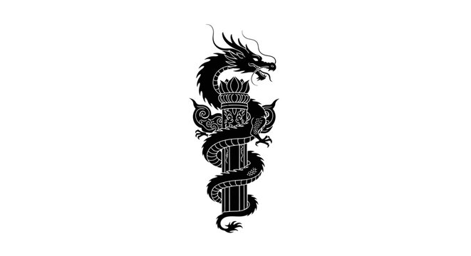 Powerful black dragon gracefully coiling around an ancient pillar in striking monochrome, perfect for bold designs and evocative storytelling elements