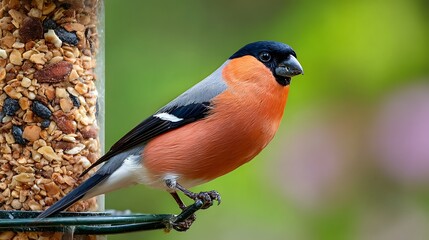 Naklejka premium Wildlife of a small redbreast robin and red cardinal songbird perched on a tree branch in a winter garden