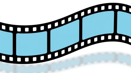 curved black and blue filmstrip floating over white background with soft reflection below