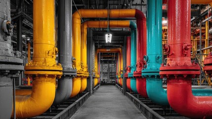 Industrial piping in unique color scheme concept. Vibrant industrial pipes creating a colorful factory scene.