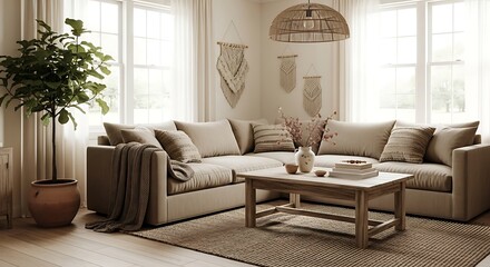 Fototapeta premium Cozy bohemian living room with a large beige sectional sofa and natural light.