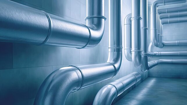 Industrial piping in unique color scheme concept. Detailed view of metallic pipes in a modern industrial setting.