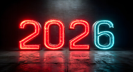 Futuristic 2026 text glowing with neon lights on a dark, modern stage background. Concept of new year, technology, and future events.