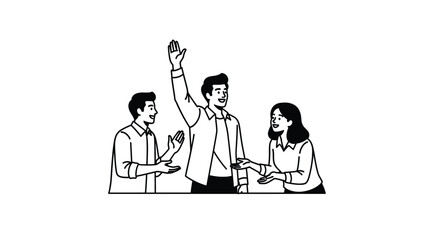 Three diverse business people standing together, one raising hand to ask question or volunteer