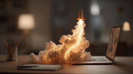 Rocket launching from laptop for startup success concept. A rocket launching from a laptop, symbolizing innovation.