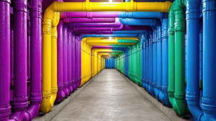 Industrial piping in unique color scheme concept. Vibrant colored pipes creating a striking tunnel effect indoors.