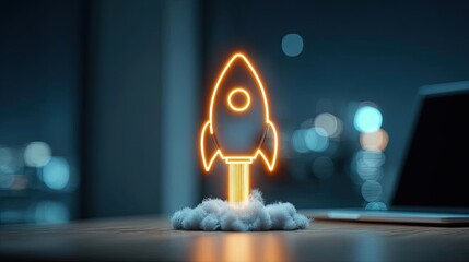 Rocket launching from laptop for startup success concept. A glowing rocket launch concept symbolizing innovation.