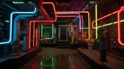 Industrial piping in unique color scheme concept. Futuristic industrial setting with vibrant neon pipelines.