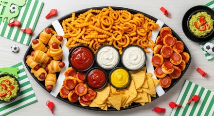 A football-shaped platter filled with various game day snacks and dips.