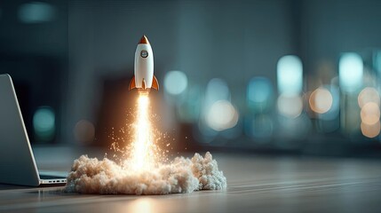 Rocket launching from laptop for startup success concept. A rocket launching from a workspace, symbolizing innovation.