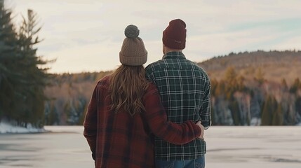 Romantic couple embracing by a frozen lake, enjoying serene winter nature together