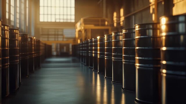Industrial Warehouse Rows of Black Metal Barrels Illuminated by Warm Sunlight Through Large Windows