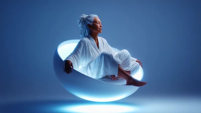 An Ethereal Scene Featuring a Serene Woman Meditating in a Floating Pod, Bathed in Soft Blue Light, Evoking a Sense of Calm and Tranquility with a Futuristic Aesthetic