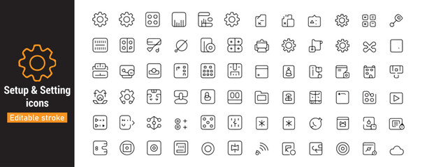 Setup and setting line icons collection, editable stroke, gear, configuration, options, control panel, system settings
