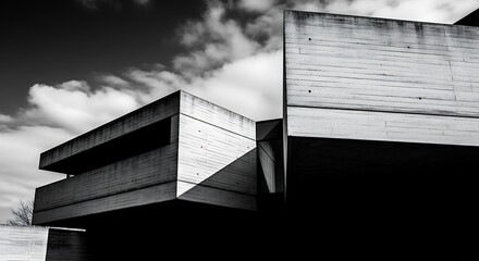 High contrast black and white photograph of a brutalist modern home in Belgium, sharp angles, textured concrete, dramatic sky