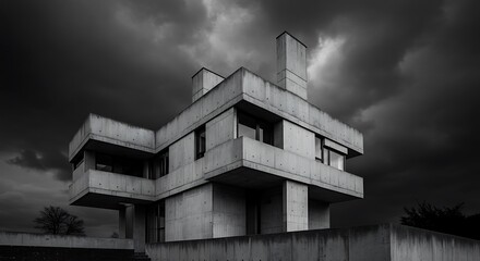 High contrast black and white photograph of a brutalist modern home in Belgium, sharp angles, textured concrete, dramatic sky