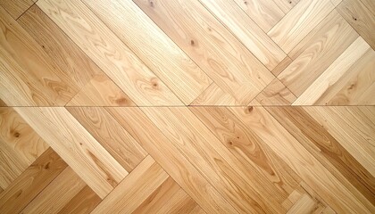 Close up of a wooden floor with a herringbone pattern in natural light showcasing the wood grain...