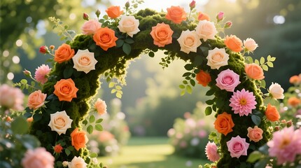 Elegant floral arch with vibrant roses and lush greenery in serene garden setting