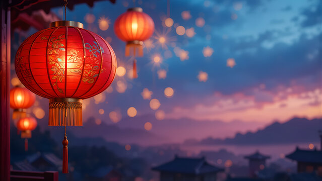 Illuminated red Chinese lanterns glow at twilight with floating lanterns in the sky evoking tradition, serenity, and festive celebration in a scenic cultural setting.