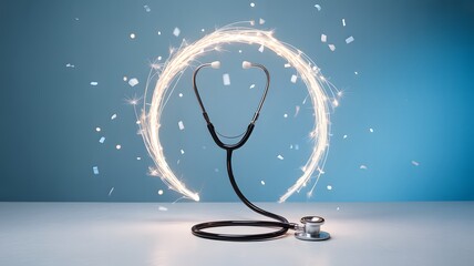 Stethoscope with sparkler circle on light blue background in horizontal format