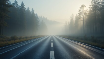 Foggy early morning highway surrounded by dense pine forest with soft light