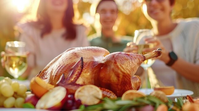 Thanksgiving dinner with a golden roasted turkey and festive garnishes, happy people toasting in warm sunlight