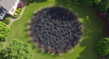 Demonic Scorched Earth Realistic view of a house's perimeter, the grass and shrubs are dead and blackened in a perfect circle