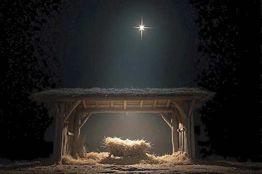 An empty manger in Bethlehem beneath a bright shining star, all against an isolated dark background