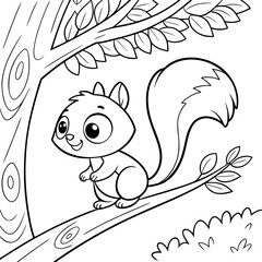 A charming outline illustration of a friendly squirrel perched on a tree branch, perfect for coloring books, children's activities, and engaging educational content.