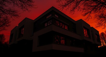 Dramatic low-angle shot of a modern mansion with sharp, angular lines. The sky is a deep, angry red, with silhouettes of bare