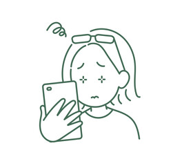老眼でスマートフォンの画面が見づらい40代女性のイラスト　線画のみ