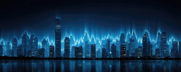 City skyline with market graph concept. Futuristic city skyline with glowing blue light reflections.