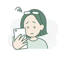 老眼でスマートフォンの画面が見づらい40代女性のイラスト