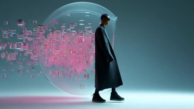 A striking figure in a futuristic manner, draped in a flowing black garment, strides confidently amidst a captivating visual of floating pink digital blocks, symbolizing innovation and technology.