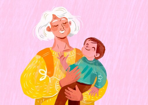 Grandmother  hugs her grandson 
