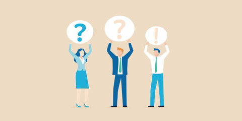 Business people holding question and exclamation marks