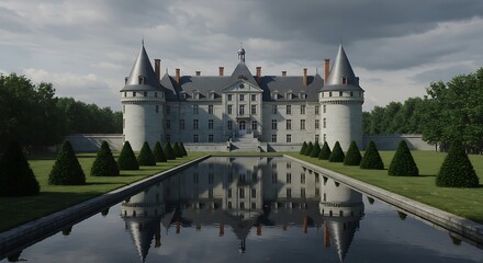 Obraz premium French chateau reinterpreted with modern design, sleek grey stone structure, traditional form with minimalist details