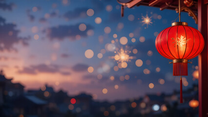 Glowing red Chinese lantern hangs at twilight with festive bokeh and sparklers evoking warmth, tradition, and celebration.