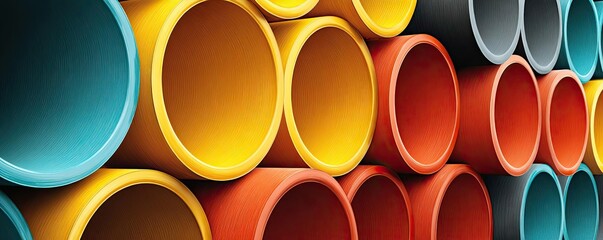 Industrial piping in unique color scheme concept. Colorful industrial pipes stacked in a modern arrangement.