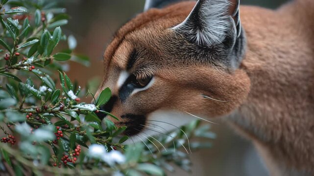A cat is eating berries from a bush. The cat is brown and white. Caracal sniffing winter greenery, subtle holiday tone