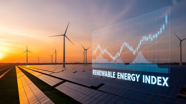 Renewable energy index showing growth with solar panels and wind turbines during sunset