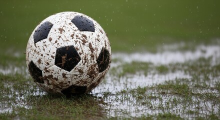 A close-up shot of a dirty soccer ball resting on a wet, green field during a rainy day.