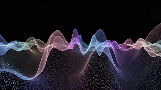 Seamless looping animation showing iridescent electromagnetic waves dispersing and spreading across a deep black background physics, dynamic, digital