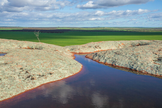 Pool of water on the top of Pildappa Rock. Eyre Peninsula. Australia.