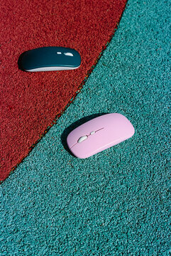 two colorful computer mice outdoors, 35mm film