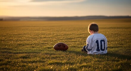 A young child wearing a football jersey sits on the grass next to a ball.