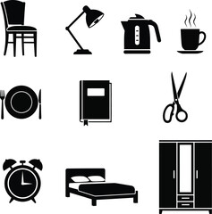 Collection of household objects, including furniture, kitchenware, and stationery items in a simple black and white design